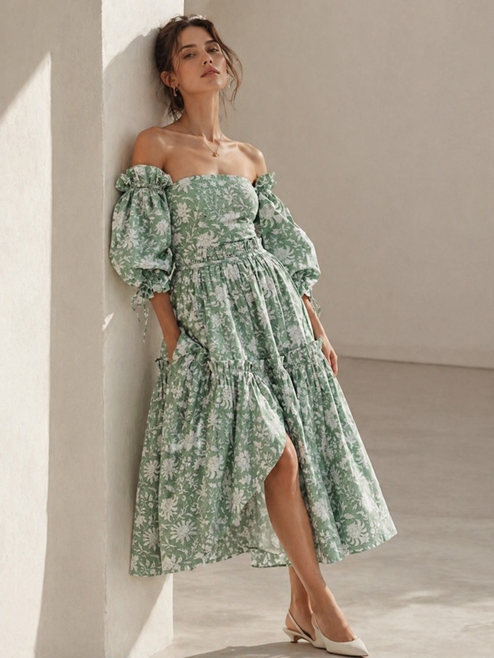 EDDY Olivia Midi Dress Green Ivory Floral Puff Sleeve Bow Back NWT Size S - Picture 2 of 15